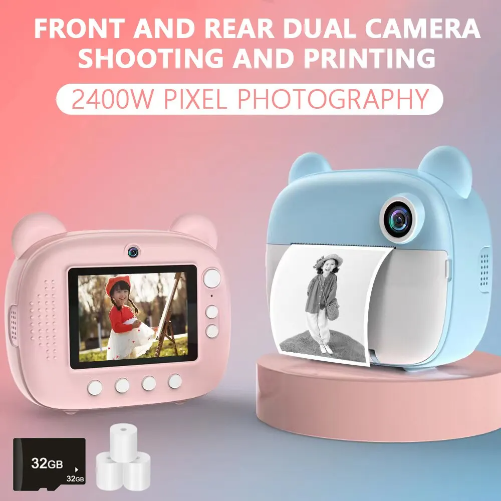 Instant Print V4 l Digitale Camera voor Kinderen l Thermische printer met 32gb SD