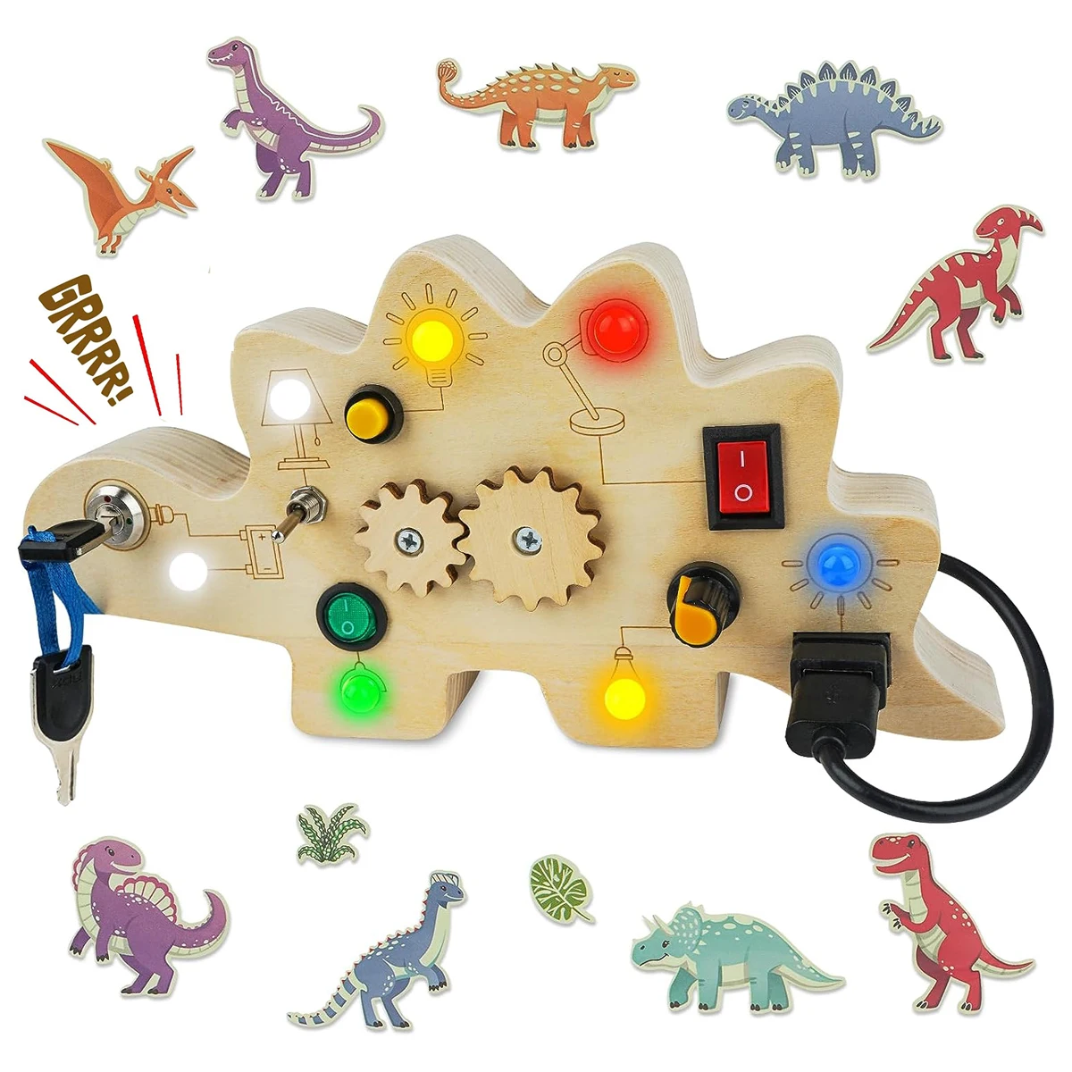 Dino Prik Bord & Busy Board 10 LED's l Slot en Schakelaars l Montessori Speelgoed Peuter 2 , 3, 4 Jaar