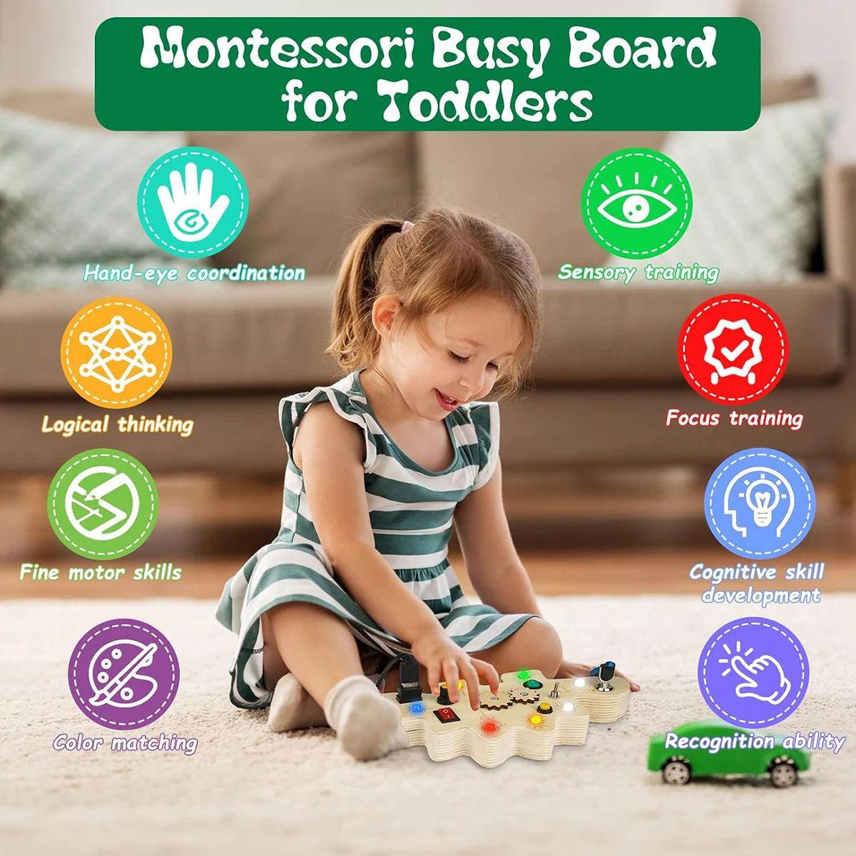 Dino Prik Bord & Busy Board 10 LED's l Slot en Schakelaars l Montessori Speelgoed Peuter 2 , 3, 4 Jaar