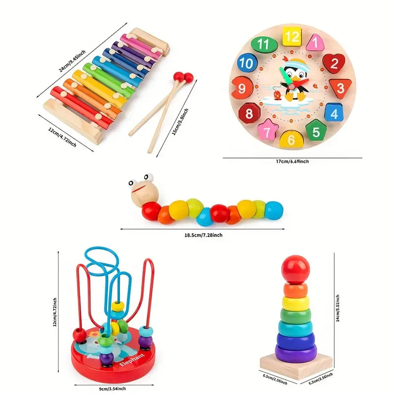 5-in-1 Montessori Houten Speelgoed Set l Baby speelgoed vanaf 6 maanden