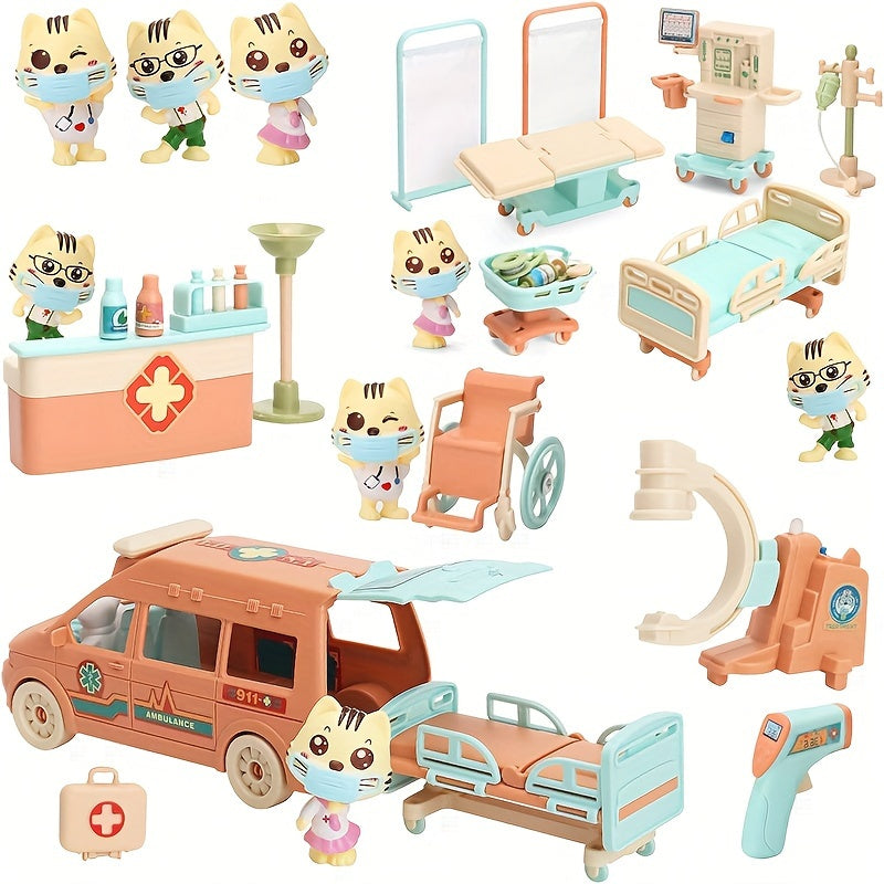 Kinderen Speelset - Dierenarts & Huisdierverzorging Kit met Ambulance en Ziekenhuis Modellen, Educatief Speelgoed, Perfect Cadeau