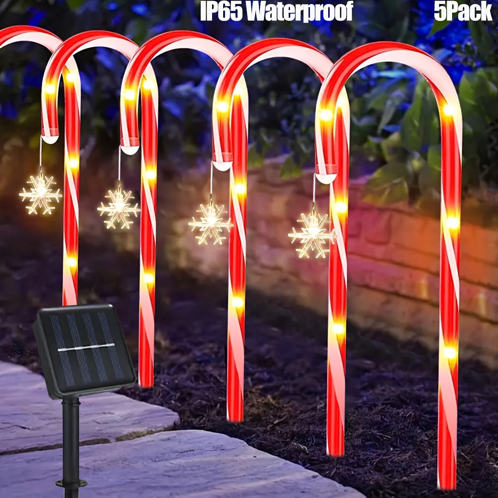 Zonne-energie Kerstsuikerstokverlichting - Waterdicht 5-in-1 Design met Sneeuwvlokken voor Buitenpaden & Tuindecoratie