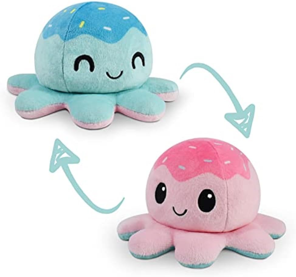 Omkeerbare Octopus Plushie - Paars + Blauw - Schattige Sensory Fidget knuffeldieren die je stemming laten zien, Boos Blauw + Gelukkig Paars, 4 inch