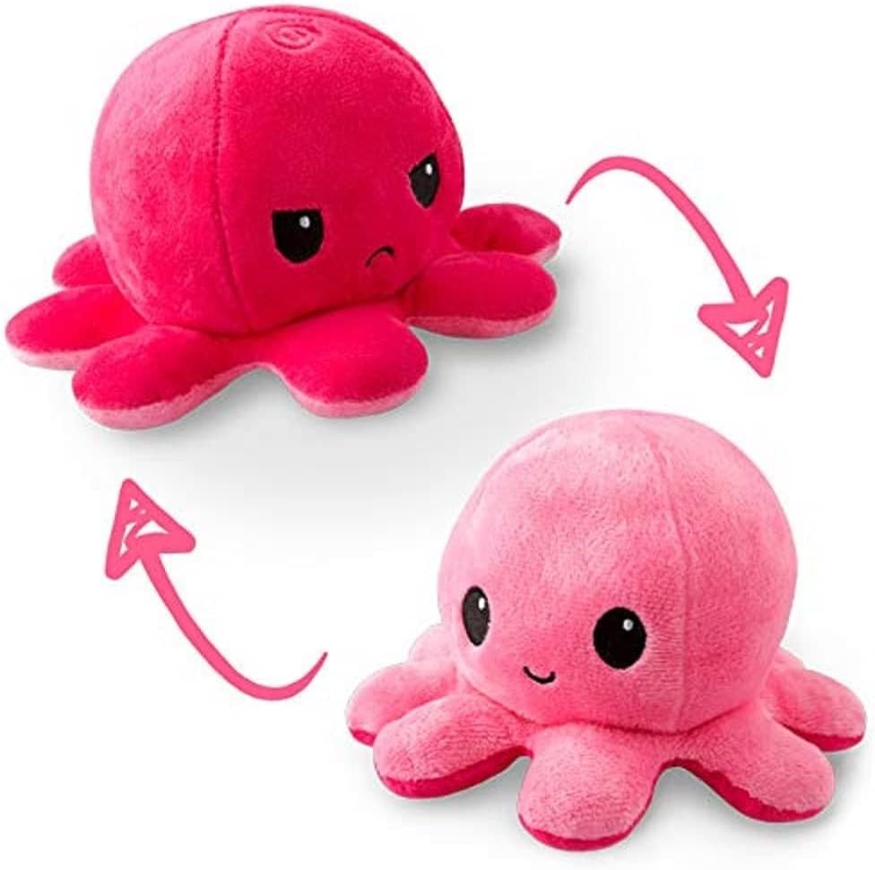 Omkeerbare Octopus Plushie - Paars + Blauw - Schattige Sensory Fidget knuffeldieren die je stemming laten zien, Boos Blauw + Gelukkig Paars, 4 inch