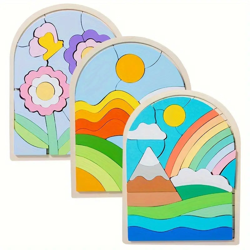 KidsPuzzle l Houten Regenboog & Bloem Puzzel met 3D Blokken l Kinderen 4, 5, 6, 7, 8 Jaar l Jongens & Meisjes