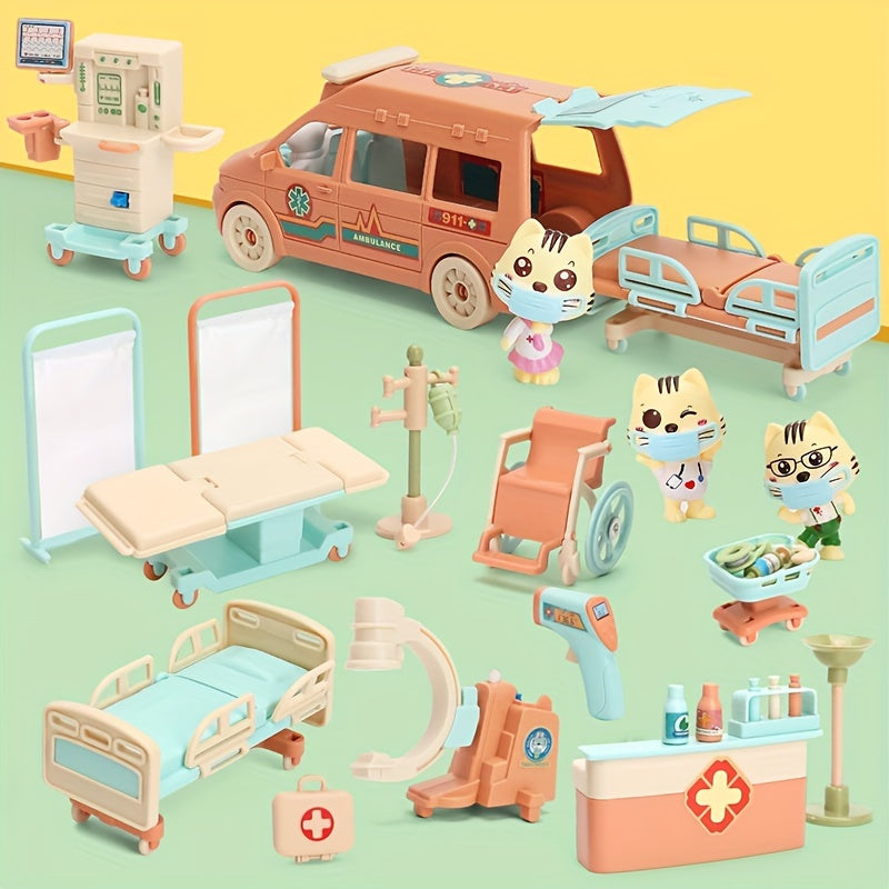 Kinderen Speelset - Dierenarts & Huisdierverzorging Kit met Ambulance en Ziekenhuis Modellen, Educatief Speelgoed, Perfect Cadeau