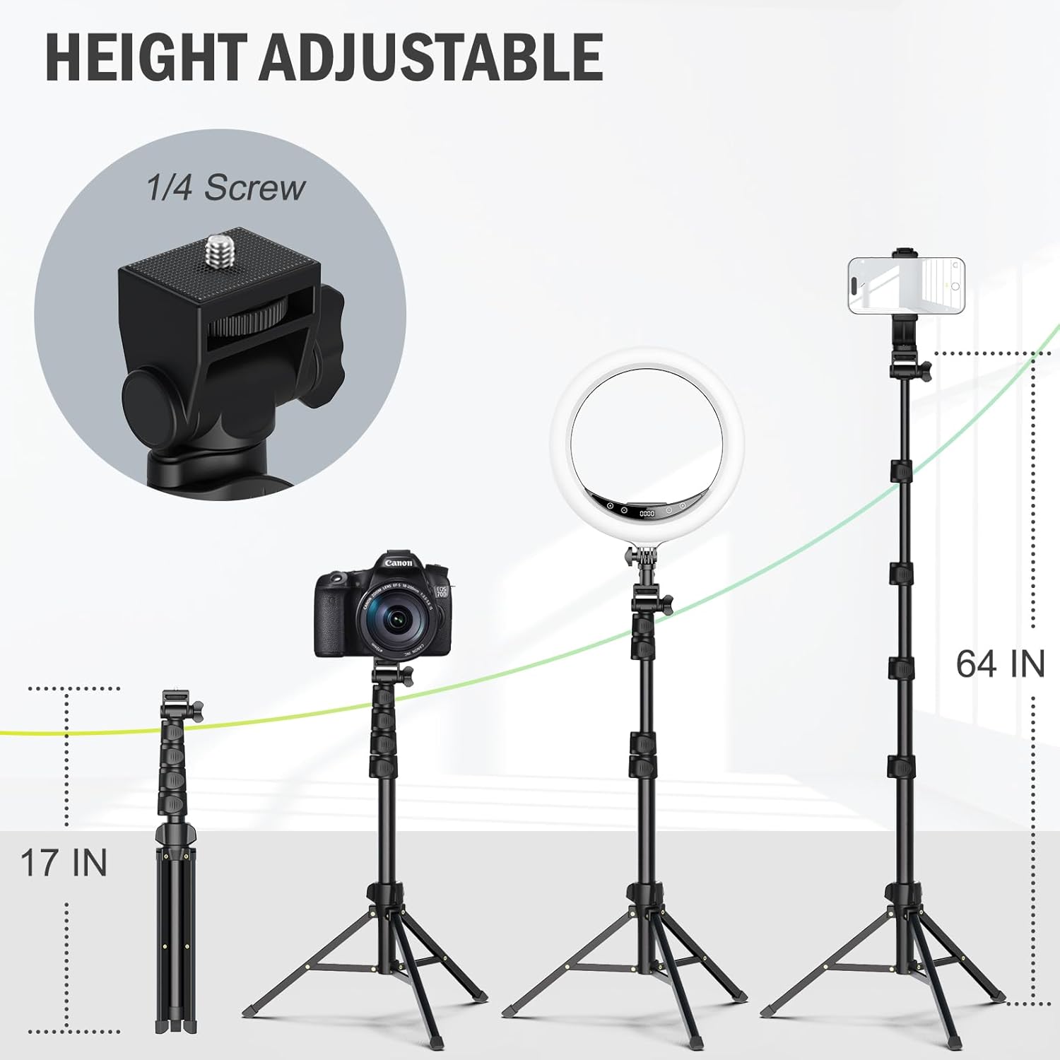 64” Draagbaar Statief voor Telefoon & Camera met Afstandsbediening en Telefoonhouder | Perfect voor Video-opnames & Fotografie