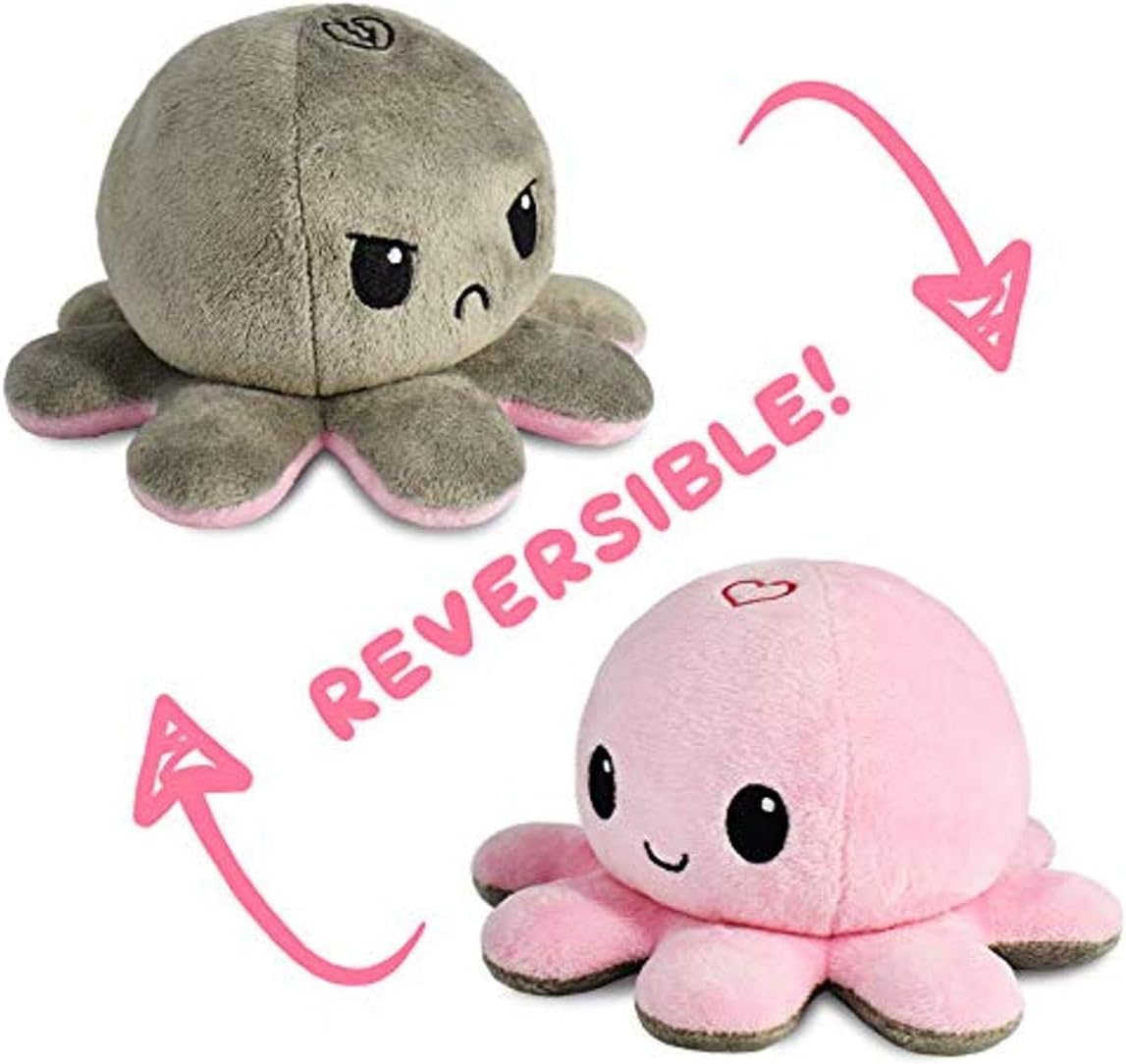 Omkeerbare Octopus Plushie - Paars + Blauw - Schattige Sensory Fidget knuffeldieren die je stemming laten zien, Boos Blauw + Gelukkig Paars, 4 inch