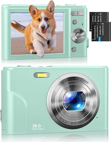 Digitale Camera Kinderen Blauw l 1080P HD,36 MP met 2 Batterijen en 16x Zoom