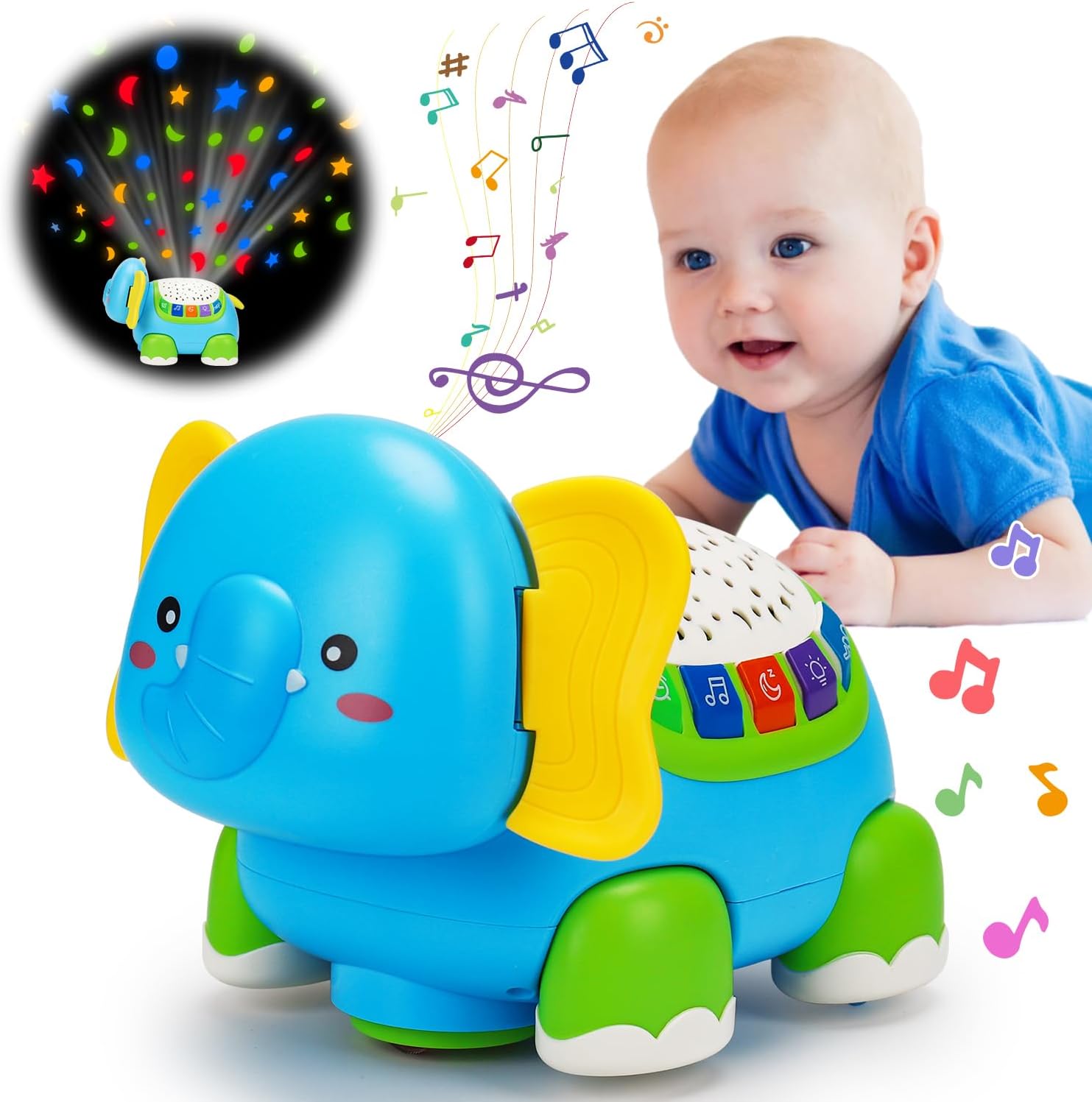 Blauwe Olifant Kruipen & Lopen Baby Speelgoed met Geluid en Licht l 3, 6, 12+ Maanden