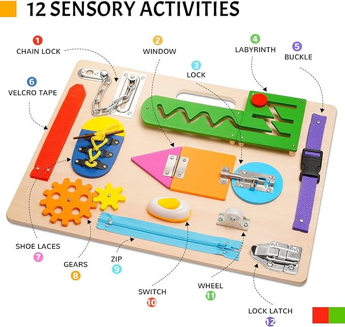 Prik Bord & Busy Board Montessori l met Slot, Schoen strikken, Ritsen l Educatief Speelgoed vanaf 2, 3, 4+ Jaar