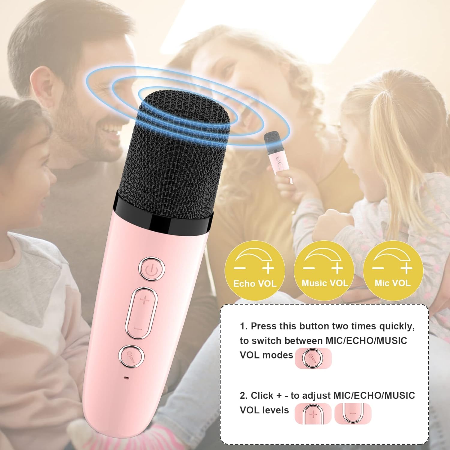 VoiceFun l Karaoke Machine Roze met 2 Microfoons voor Kinderen en Volwassenen l + Gratis SD 64GB