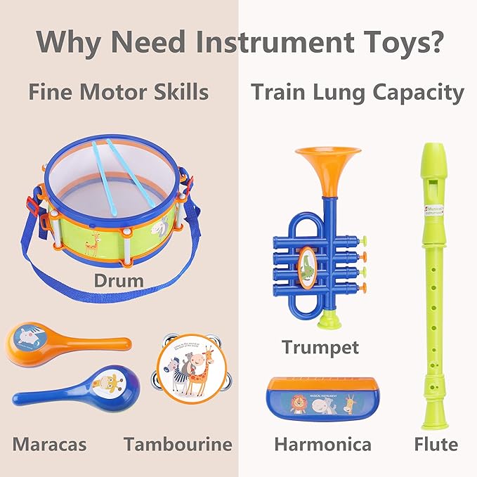 Peuter Muziekinstrumenten Speelgoed Set l met Drumstel, Baby Trompet, Percussie, Harmonica, Maraca, Fluit, Tamboerijn