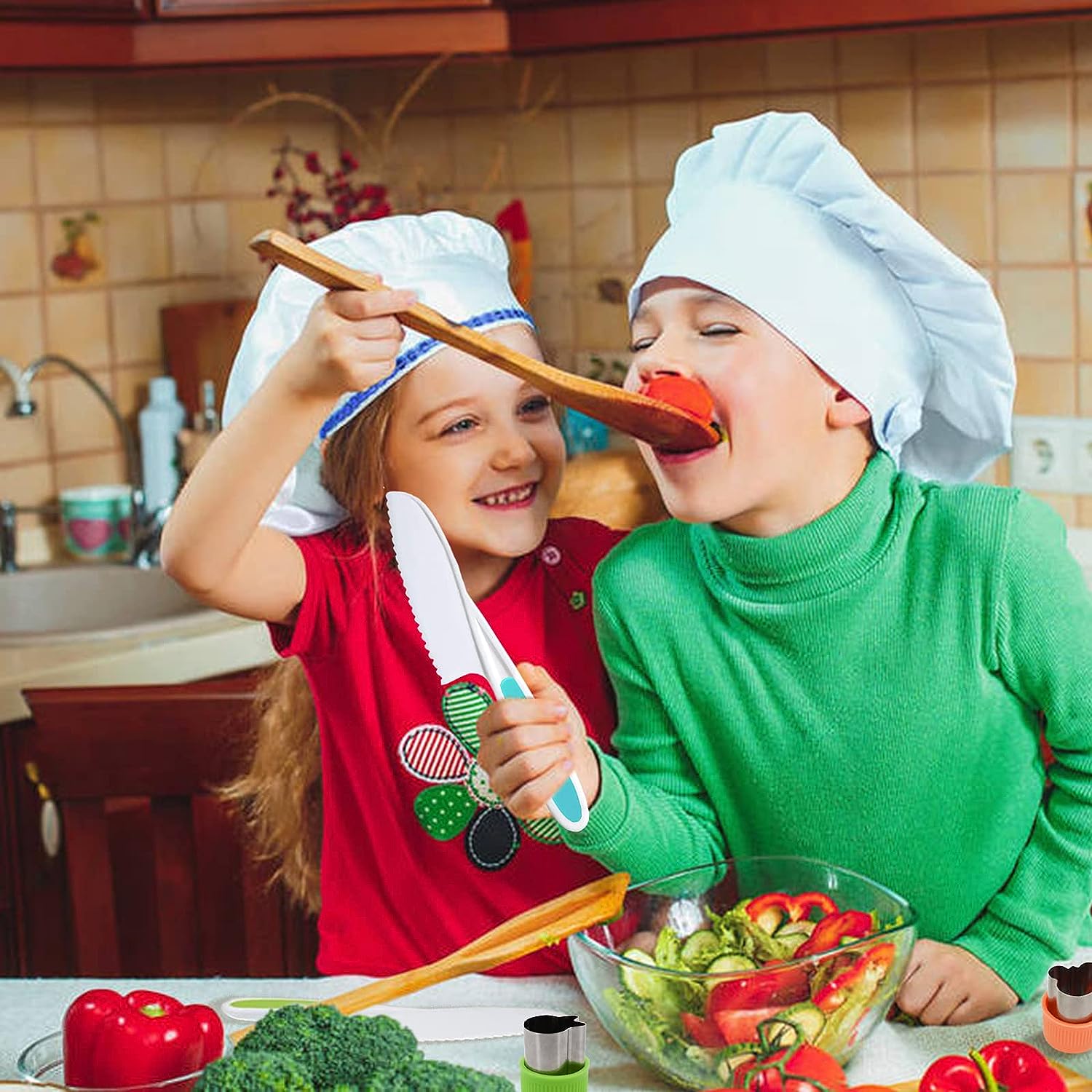 Kindermessen 11-delige houten Keukenset voor Kinderen l Snijden en Koken van Groenten of Fruit