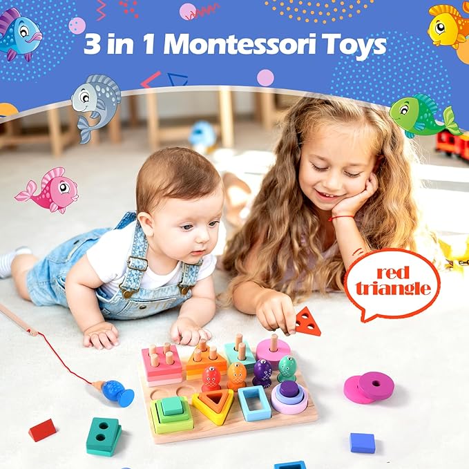 3 in 1 Stapelspeelgoed, Sorteer en Vishengel Spel Doos l Montessori Speelgoed 1 Jaar