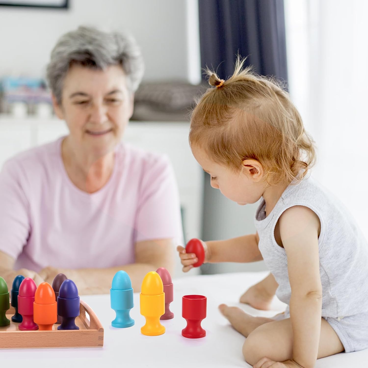 Montessori Peuters Houten Eierdopjes l Speelgoed 12 stuks Eieren l Educatief speelgoed vanaf 1 2 3 jaar