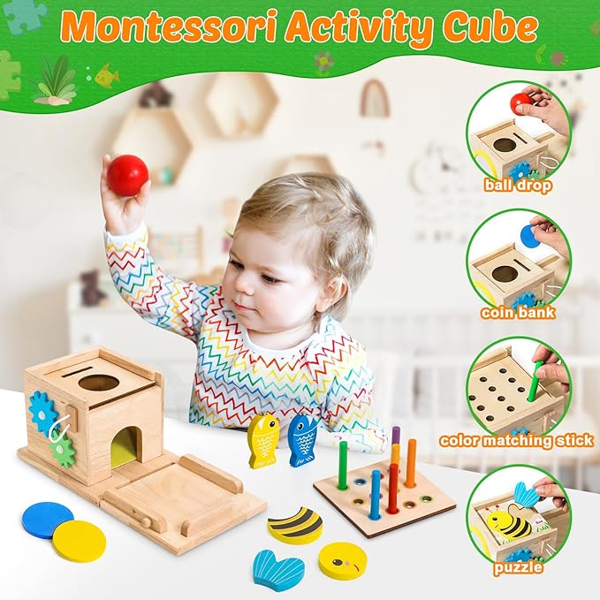 8-in-1 Montessori Houten Speelgoed Set voor Baby's l Vormsorteerder, muntenbak