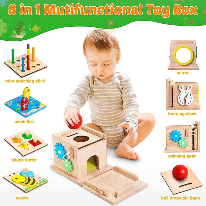 8-in-1 Montessori Houten Speelgoed Set voor Baby's l Vormsorteerder, muntenbak