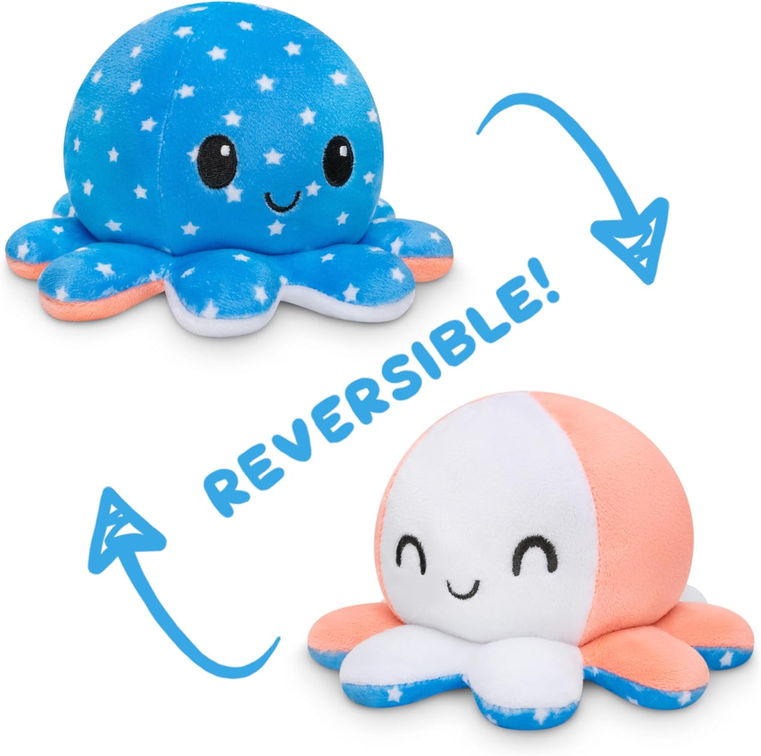 Omkeerbare Octopus Plushie - Paars + Blauw - Schattige Sensory Fidget knuffeldieren die je stemming laten zien, Boos Blauw + Gelukkig Paars, 4 inch