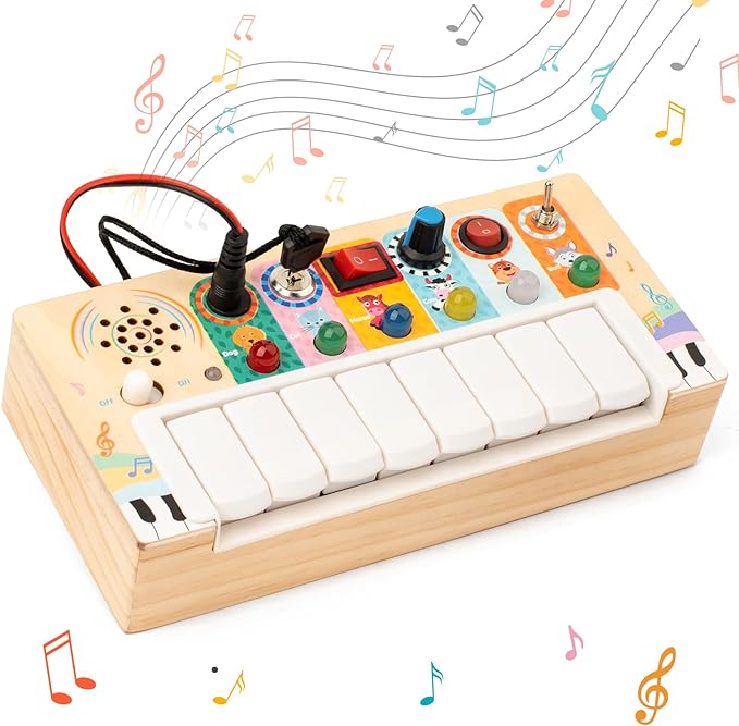 Piano Busy Board & Prik bord met 6 LED en Knoppen l Baby Montessori Speelgoed 6, 12, 24 Maanden en ouder