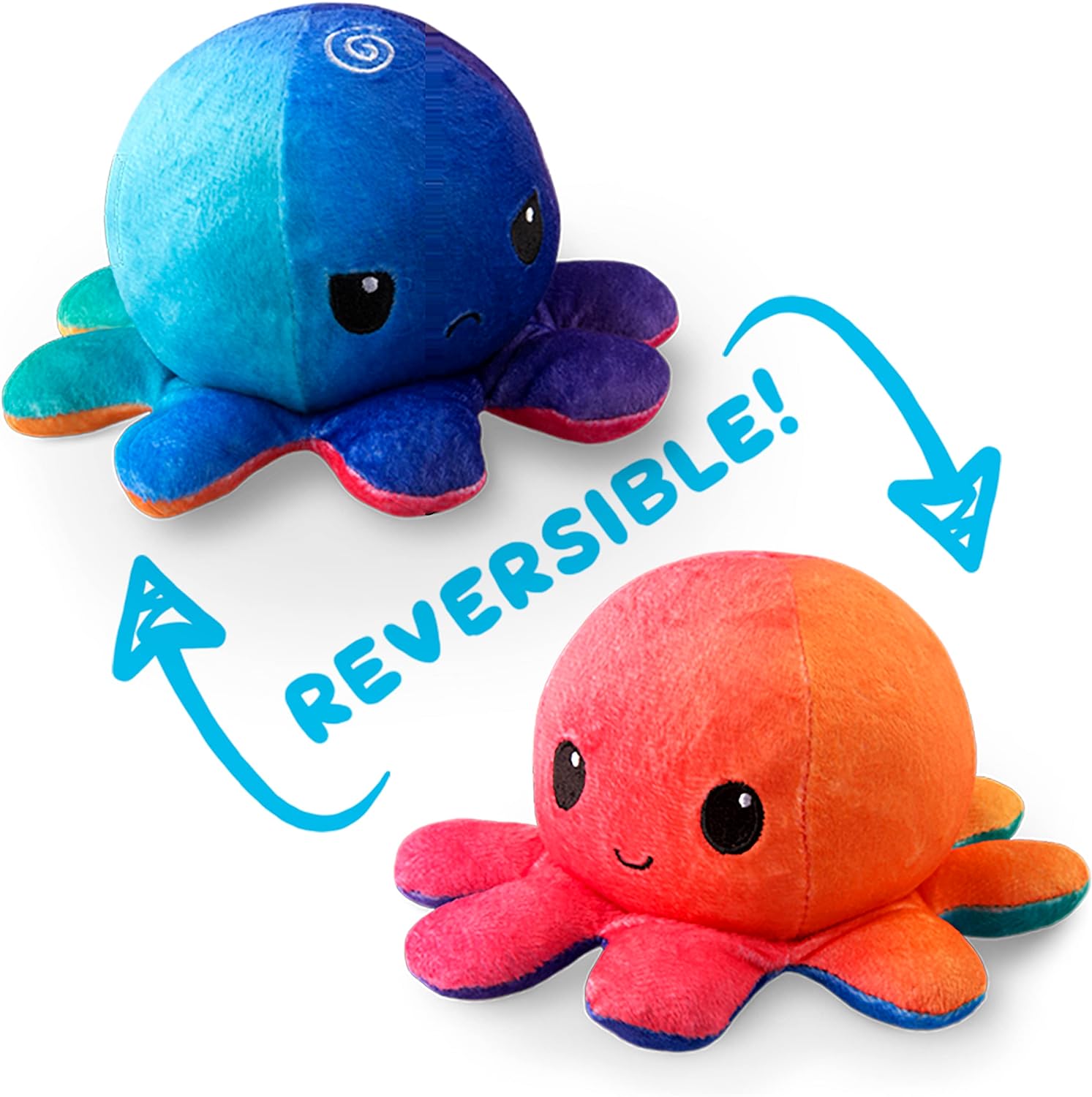 Omkeerbare Octopus Plushie - Paars + Blauw - Schattige Sensory Fidget knuffeldieren die je stemming laten zien, Boos Blauw + Gelukkig Paars, 4 inch