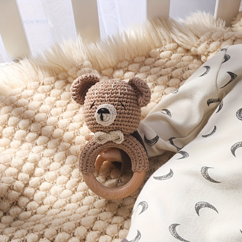 Baby Houten Rammelaar met Pure Katoenen Bel | Bruine Beer Rammelaar, Houten Baby Speelgoed