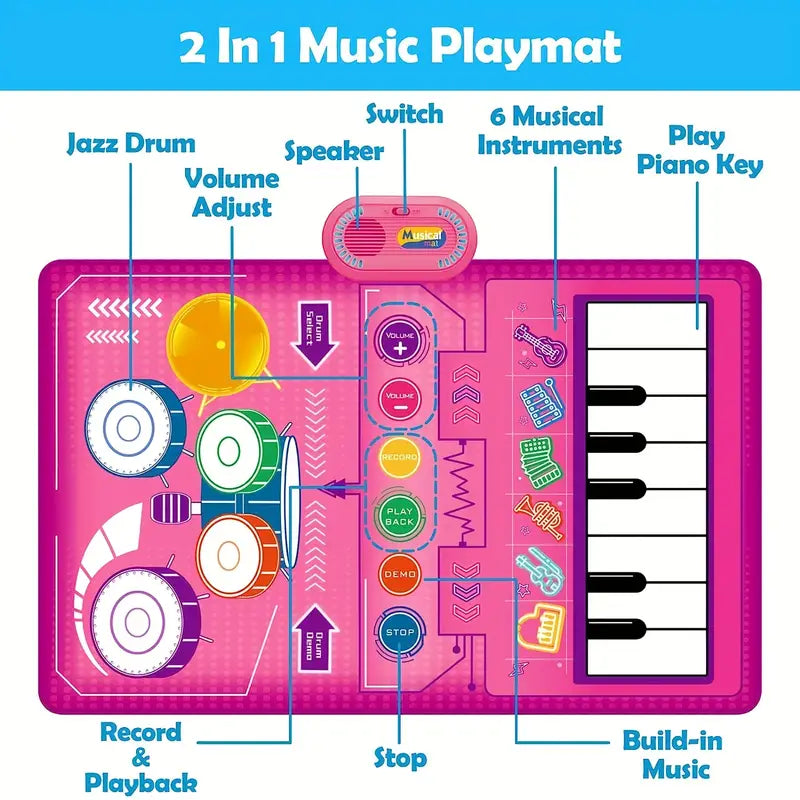 2 In 1 Baby Piano Toetsenbord Meisjes & Trommel Vloermat Met Stokken - Muzikaal Leren Zintuiglijk Speelgoed