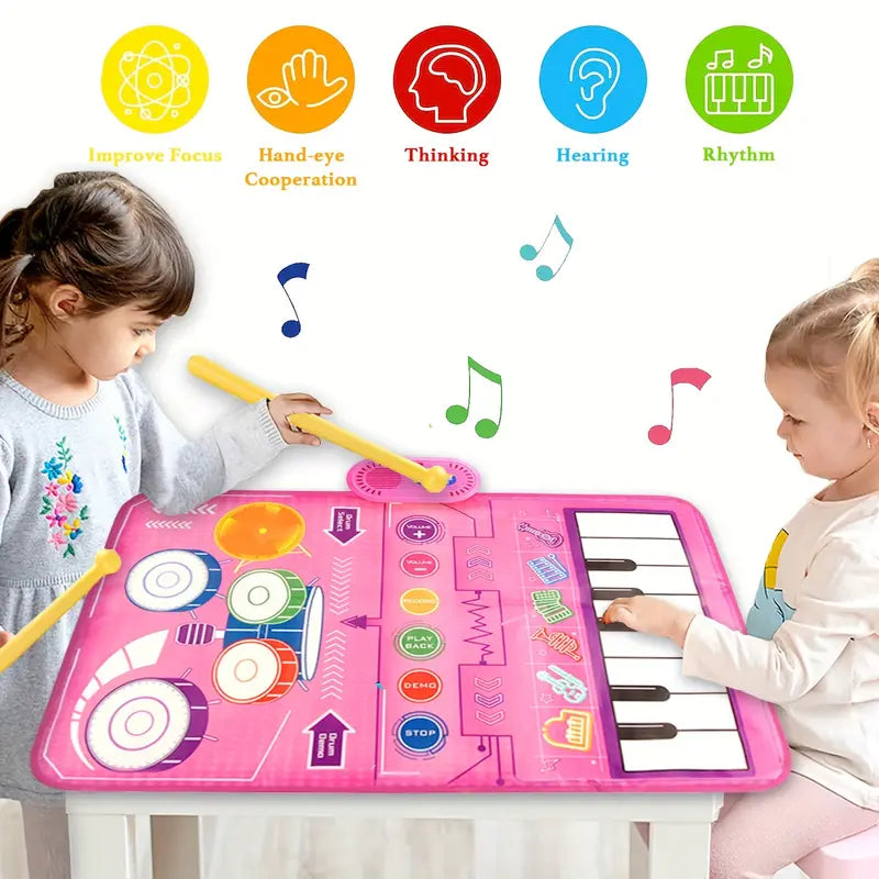 2 In 1 Baby Piano Toetsenbord Meisjes & Trommel Vloermat Met Stokken - Muzikaal Leren Zintuiglijk Speelgoed