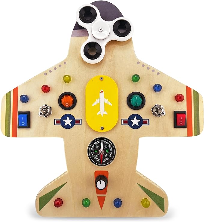 Montessori Vliegtuig Busy Board met Fidget Spinner, 14 LED's en Schakelaars