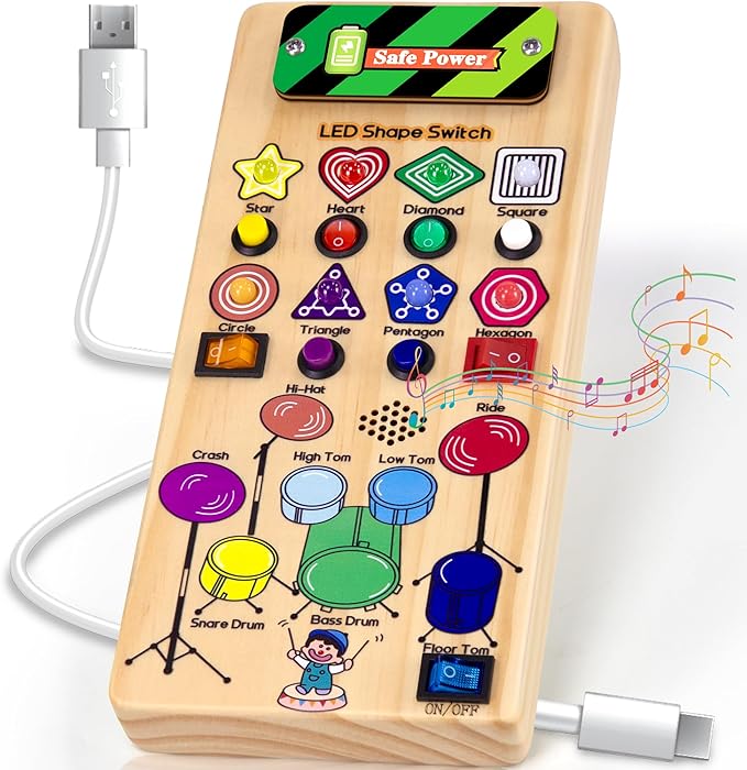 Busy Board & Prikbord met Licht Schakelaar en 6 LED's l Montessori Speelgoed 1, 2, 3 Jaar