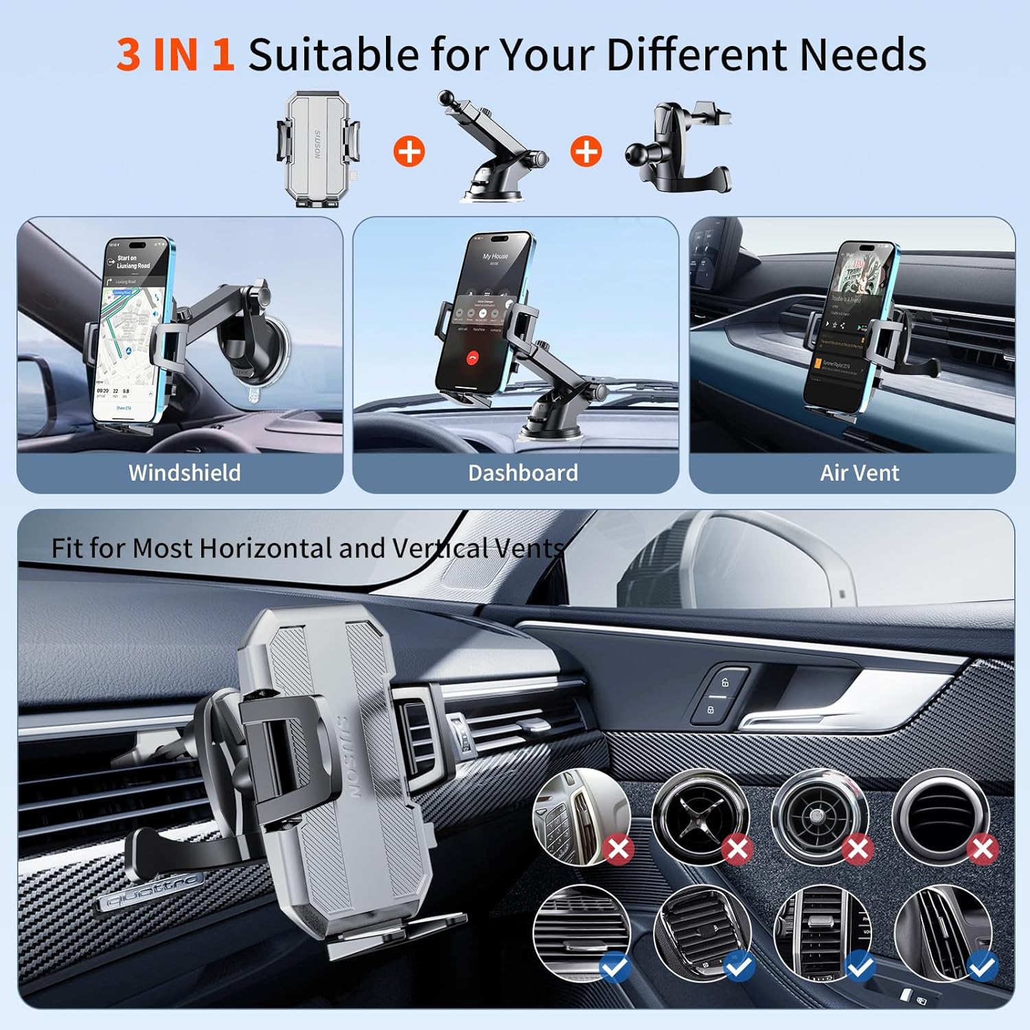 Upgraded 3-in-1 Telefoonhouder voor Auto [Krachtige Zuignap] - Geschikt voor Dashboard, Ventilatie & Voorruit | Compatibel met iPhone & Android