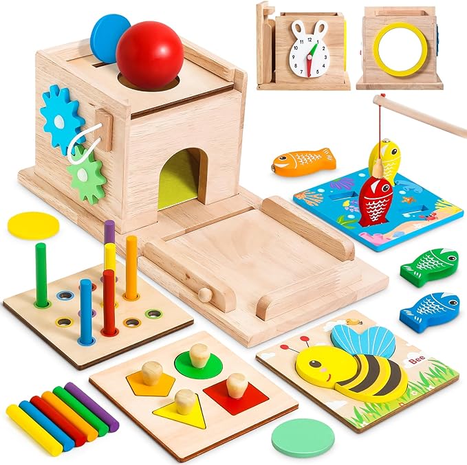 8-in-1 Montessori Houten Speelgoed Set voor Baby's l Vormsorteerder, muntenbak