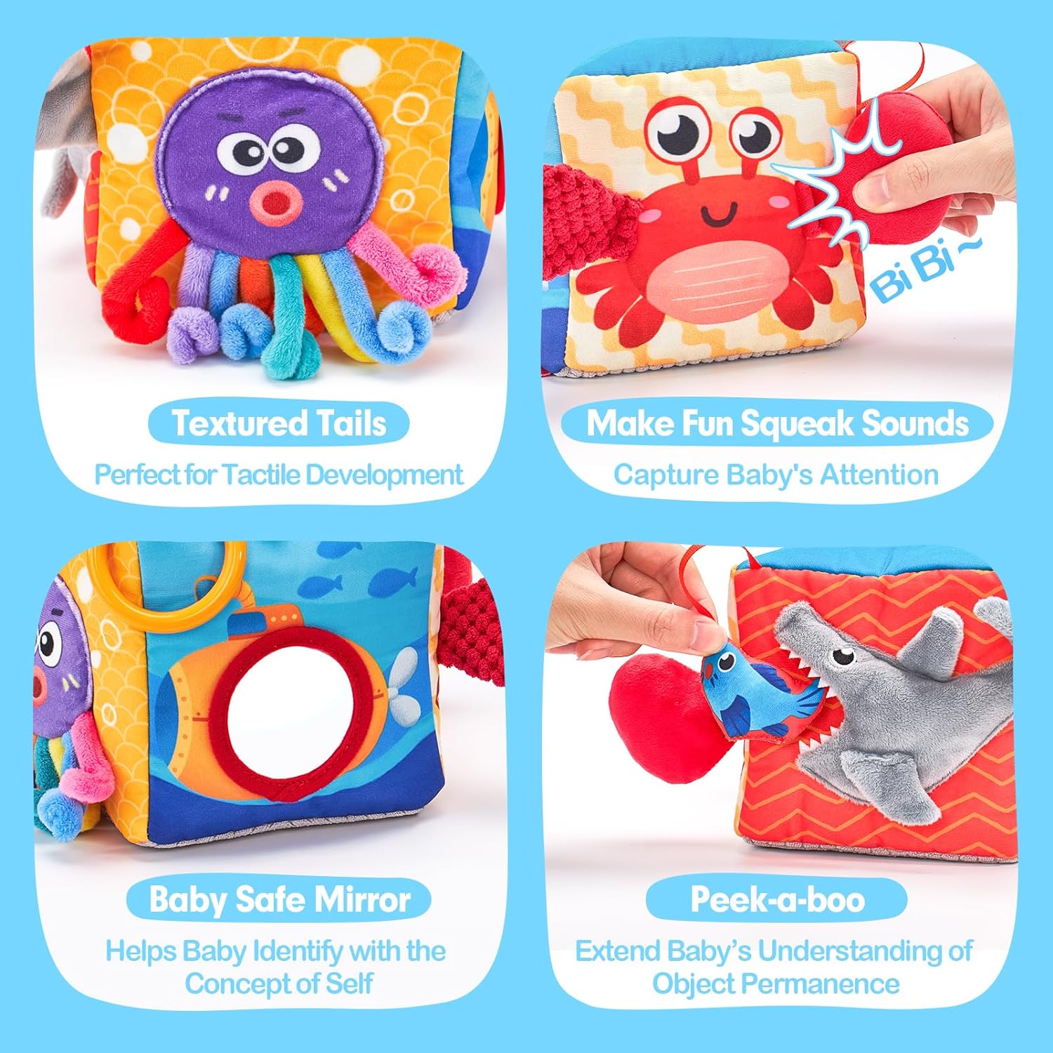 Baby Tissue Box Speelgoed met gestructureerde staarten, stoffen doekjes, knisperende, piepende geluiden