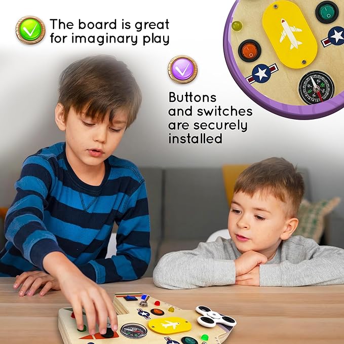 Montessori Vliegtuig Busy Board met Fidget Spinner, 14 LED's en Schakelaars