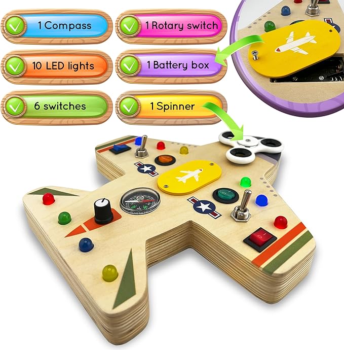 Montessori Vliegtuig Busy Board met Fidget Spinner, 14 LED's en Schakelaars