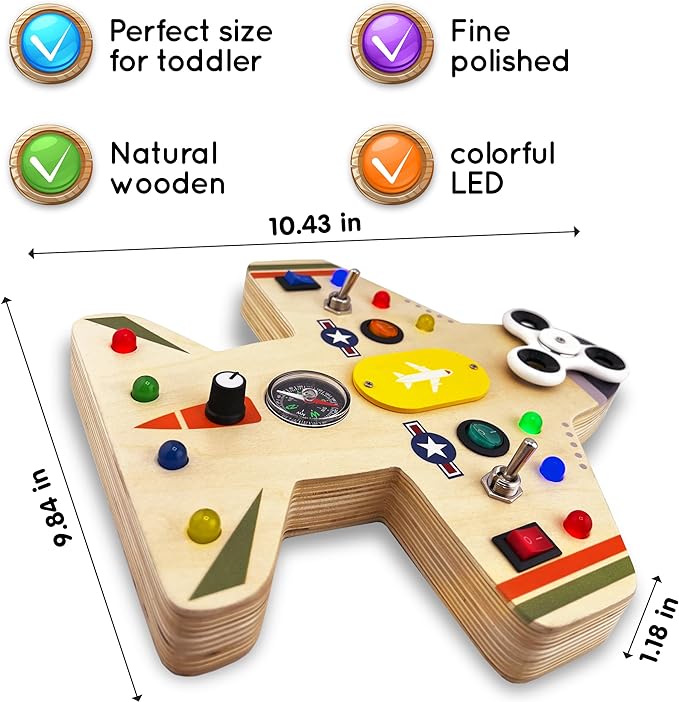 Montessori Vliegtuig Busy Board met Fidget Spinner, 14 LED's en Schakelaars