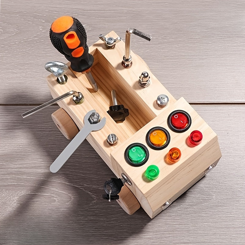 Houten LED Busy Board met Schakelaars & Schroevendraaier | Educatief Handig Speelbord voor Jonge Kinderen