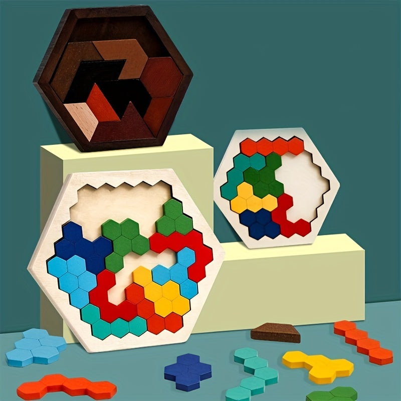 3D Hexagonale Houten Puzzel | Educatief Tangram Bordspel voor Kinderen | Breintraining Cadeau voor Kerst & Halloween!