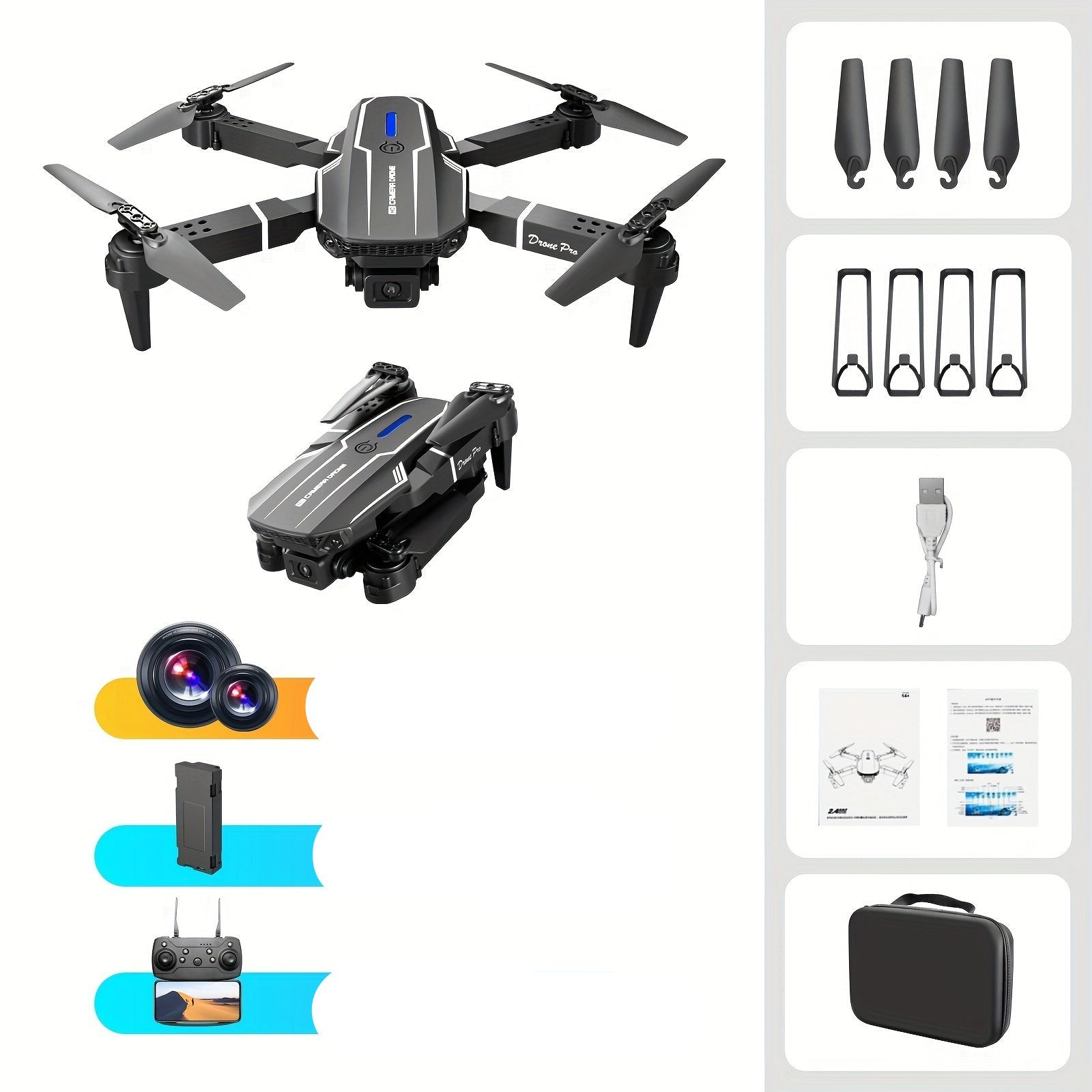 E88 Quadcopter Drone met Dual HD Camera's | Altitude Hold | Eénknopsbediening | LED Verlichting | Perfecte Beginnersdrone voor Mannen en Tieners