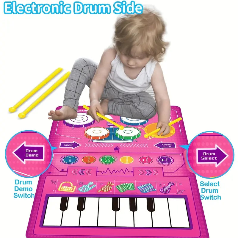 2 In 1 Baby Piano Toetsenbord Meisjes & Trommel Vloermat Met Stokken - Muzikaal Leren Zintuiglijk Speelgoed