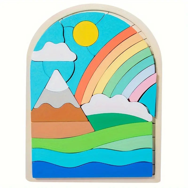 KidsPuzzle l Houten Regenboog & Bloem Puzzel met 3D Blokken l Kinderen 4, 5, 6, 7, 8 Jaar l Jongens & Meisjes