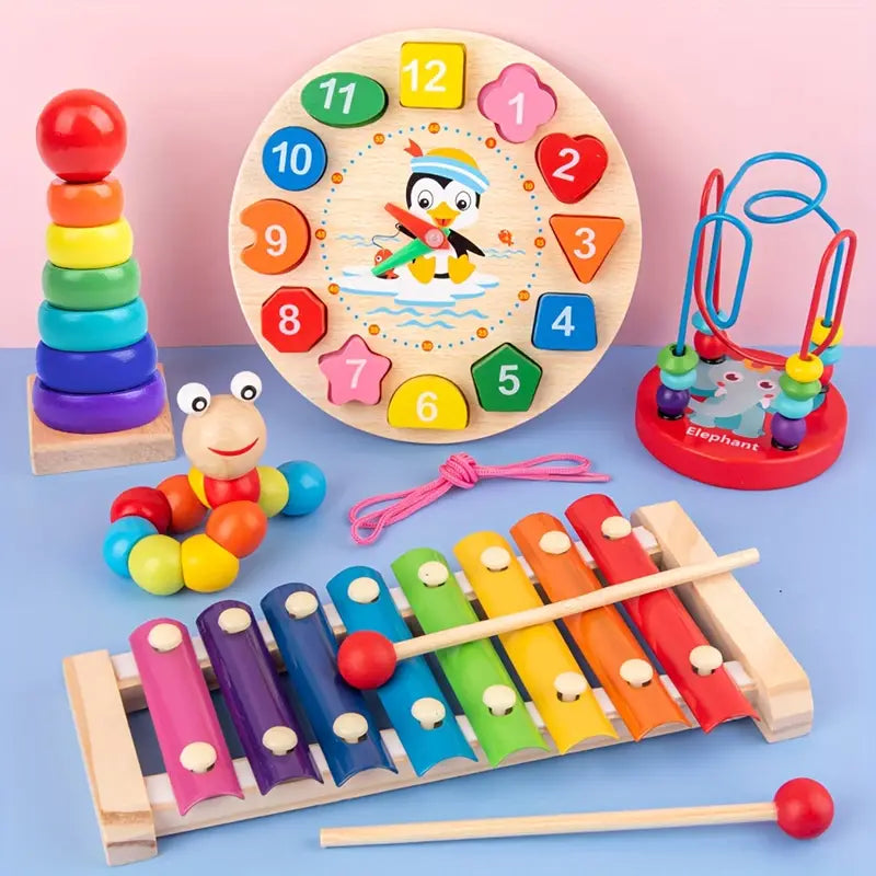 5-in-1 Montessori Houten Speelgoed Set l Baby speelgoed vanaf 6 maanden