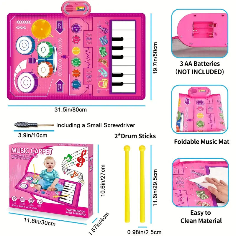 2 In 1 Baby Piano Toetsenbord Meisjes & Trommel Vloermat Met Stokken - Muzikaal Leren Zintuiglijk Speelgoed